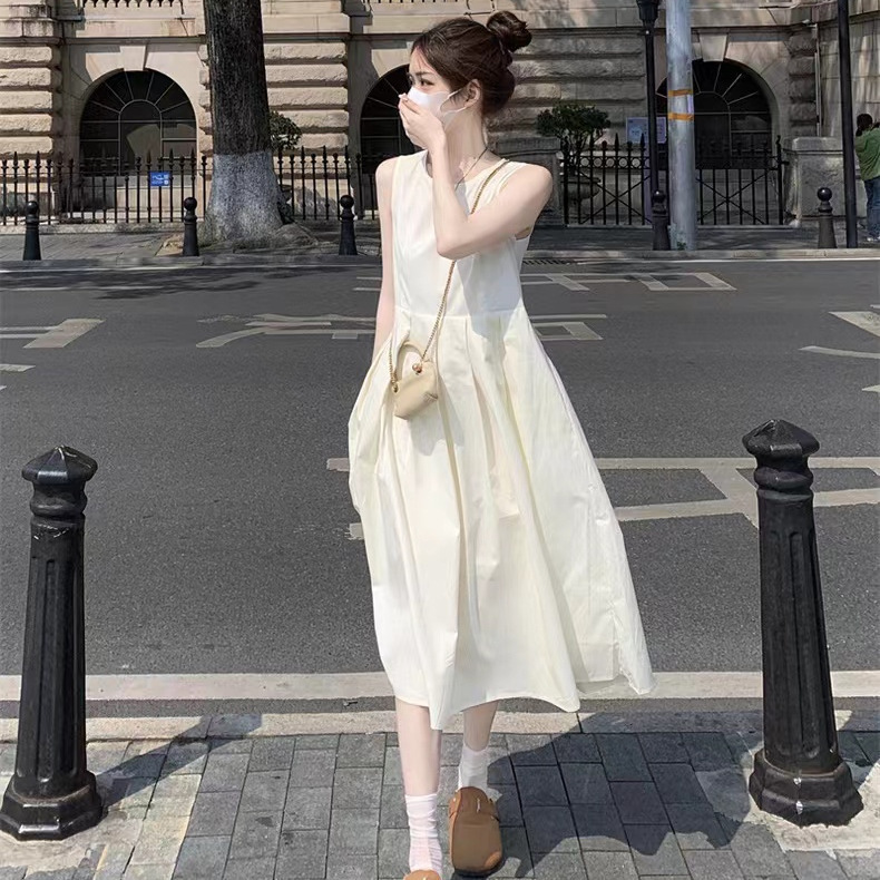 夏季2024打底收腰中长裙女法式小众设计高级感白色韩版连衣裙子女