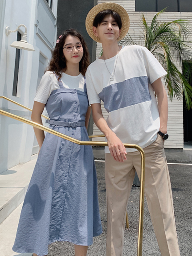 热销假两件裙子男_情侣装夏季学生短袖t恤修身一男一女小众设计假两件