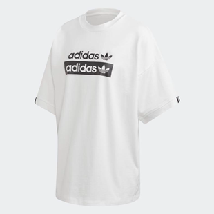 Adidas阿迪达斯三叶草双层logo长款宽松休闲运动短袖T恤女 ED7429