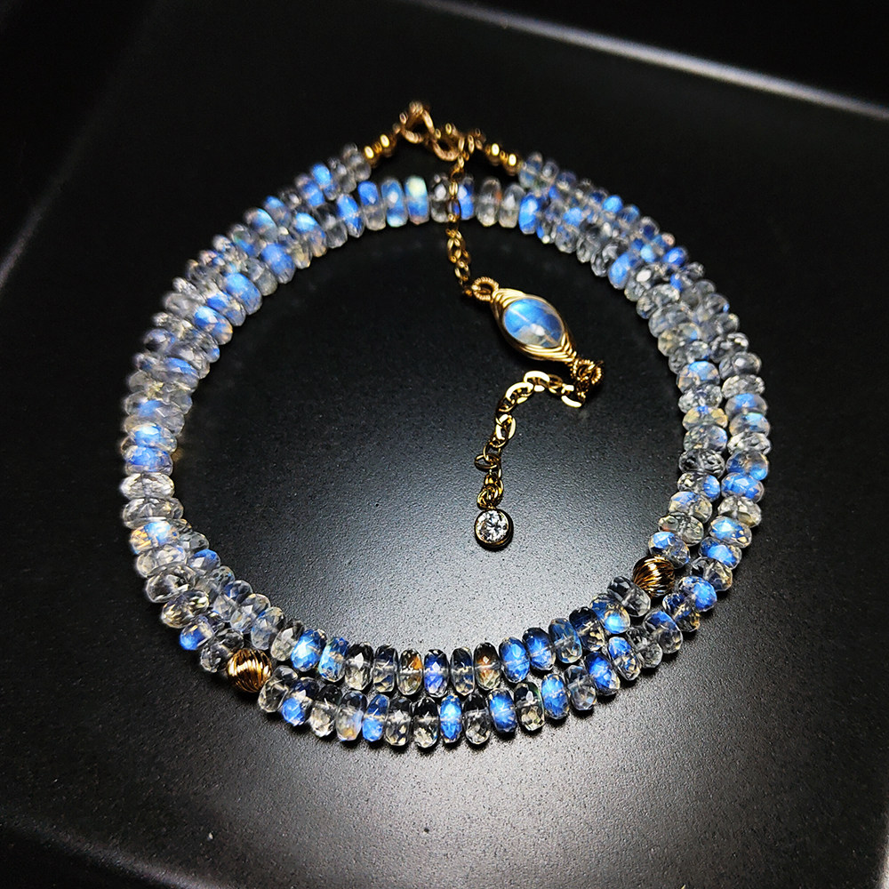 雪白透亮近净体切面月光石项链14k注金两戴款手工饰品