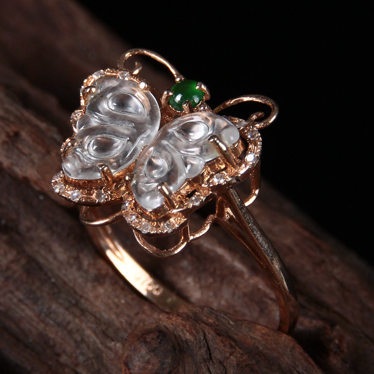 比澳珠宝～老坑冰种蝴蝶戒面翡翠戒指 起荧光 18k金伴钻