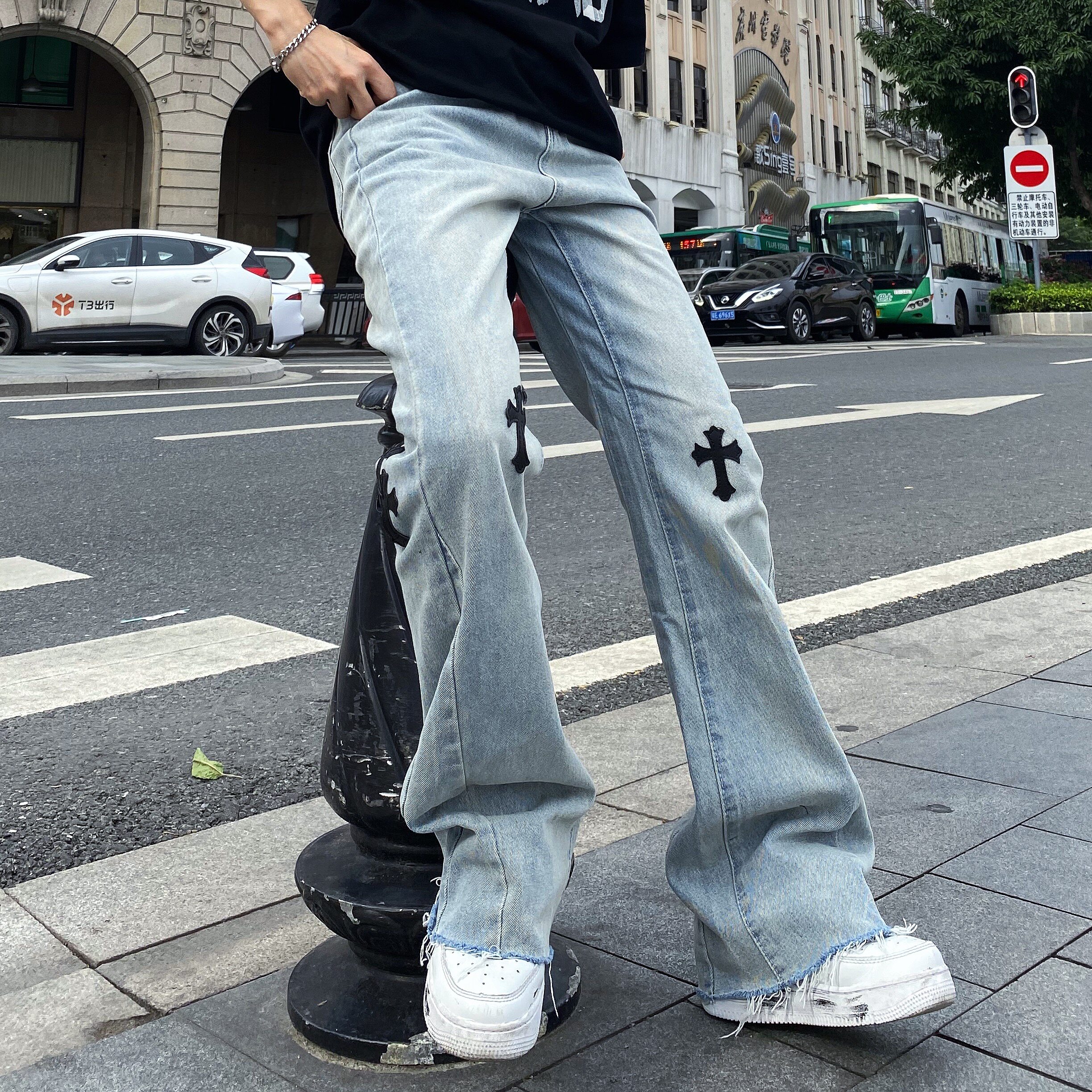 欧美高街潮vibe风洗水加长做旧贴皮绣十字架微喇嘻哈拖地牛仔裤男