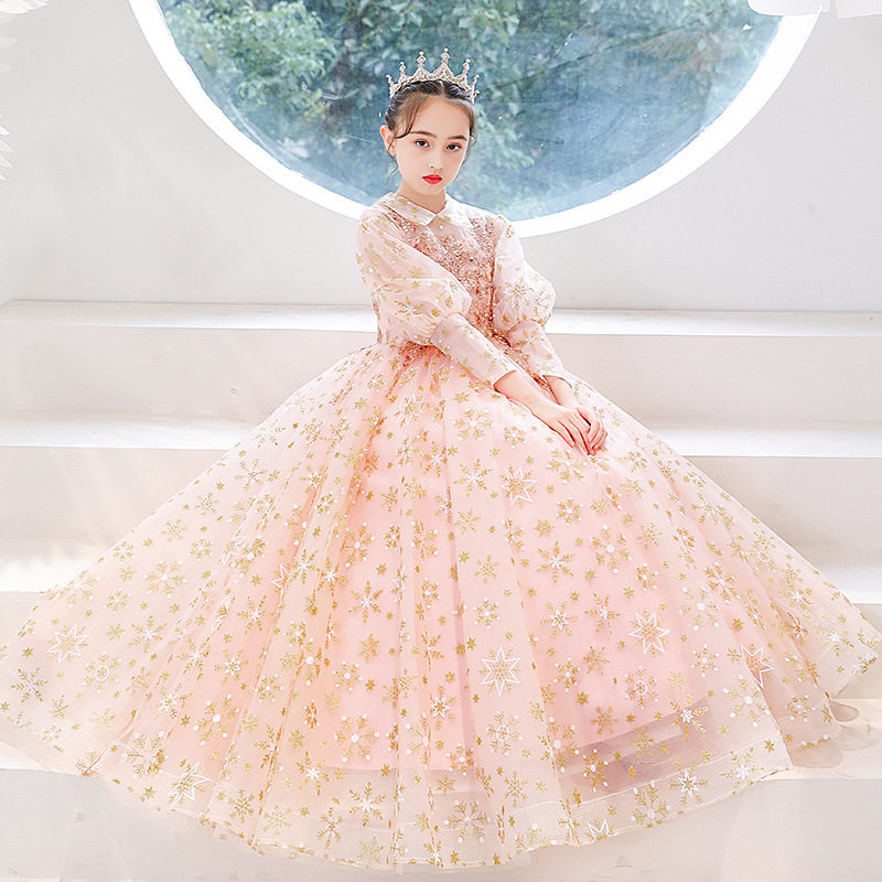 高端礼服女童粉色连衣裙儿童公主裙蓬蓬纱长裙拖尾小女孩钢琴主持