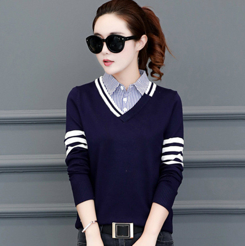 衬衣领毛衣女假两件2019新款韩版百搭短款秋冬季衬衫领打底针织衫