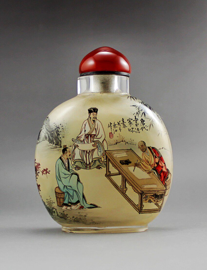 名家内画鼻烟壶东江造晶撵茶图