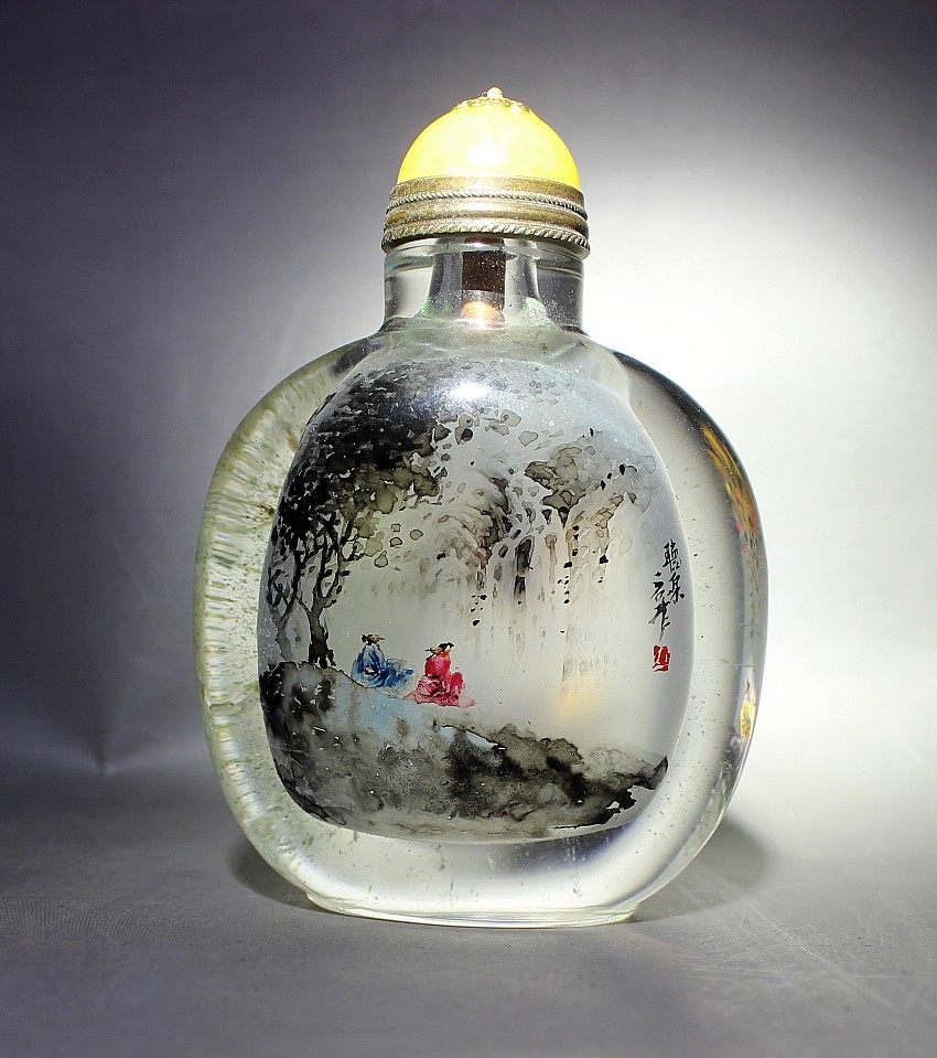 天然水晶绿幽灵内画鼻烟壶秋江泛舟,听泉