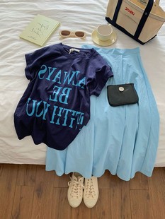 韩式高街风夏日多巴胺穿搭oversize蓝色短袖t恤上衣女设计感小众