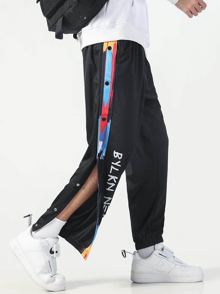 运动长裤男篮球训练全开排扣裤秋冬季美式篮网束脚出场侧开纽扣裤