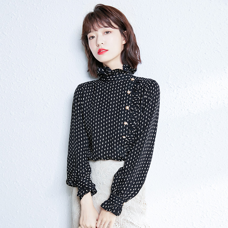 淘宝￥178券后价￥173fxmhk雪纺上衣系飘带女士长袖衬衣圆点直身宽松