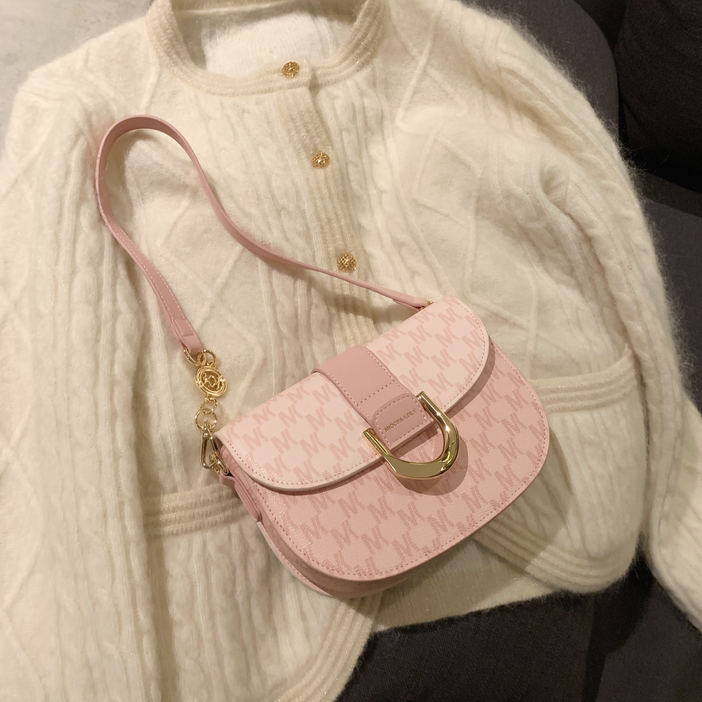 miocrakoly小mk粉色马鞍包包女夏季2021新款休闲百搭单肩斜挎包