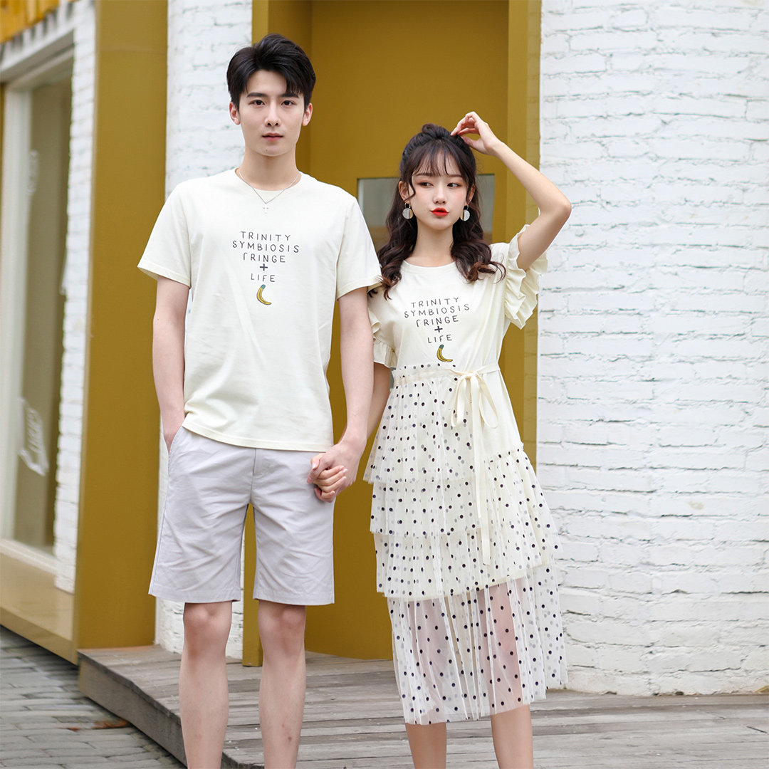 同色系情侣装夏装连衣裙2019新款韩版花边拼接波点网纱裙你衣我裙
