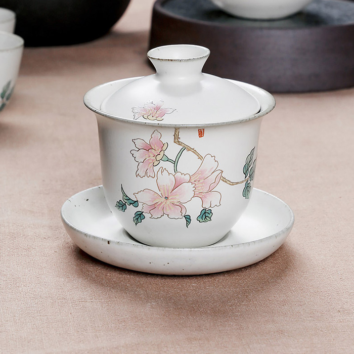 台湾宜龙茶具汝黄釉山茶花三件式盖碗紫砂泥家用陶瓷复古中式包邮