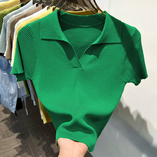 POLO领冰丝短袖T恤女修身短款绿色上衣洋气2024年夏季新款针织衫