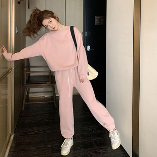 粉色卫衣休闲运动套装女春季2023新款盐系炸街港风韩系裤子两件套