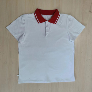 夏白色学生班服红领白边中小学生校服短袖T恤上衣POLO衫支持定制