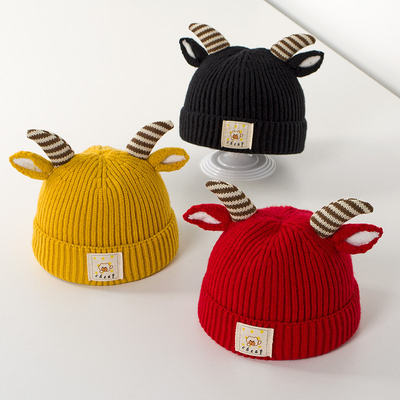 热销宝宝毛线帽子冬 男童_秋冬新款儿童帽子羊角宝宝毛线帽婴儿针织帽