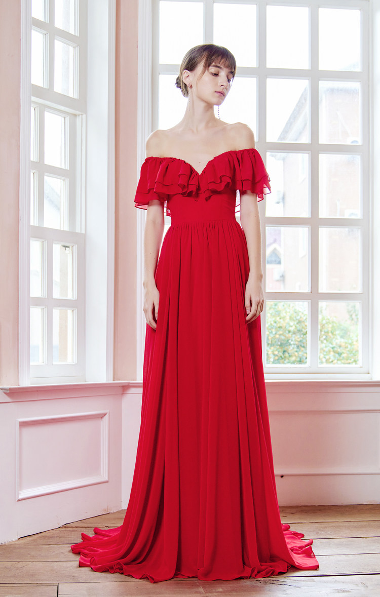 优罗莎新款复古一字肩甜美公主风显瘦暗红色小拖尾新娘敬酒晚礼服