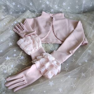 客户定做浅粉色弹力哑光日本缎日系新娘婚纱礼服蕾丝立领连衣手套