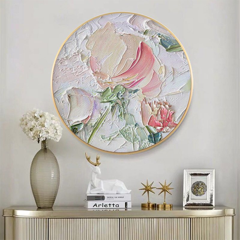 手绘油画玄关餐厅圆形花卉装饰画现代简约厚油刀画立体挂画大芬村