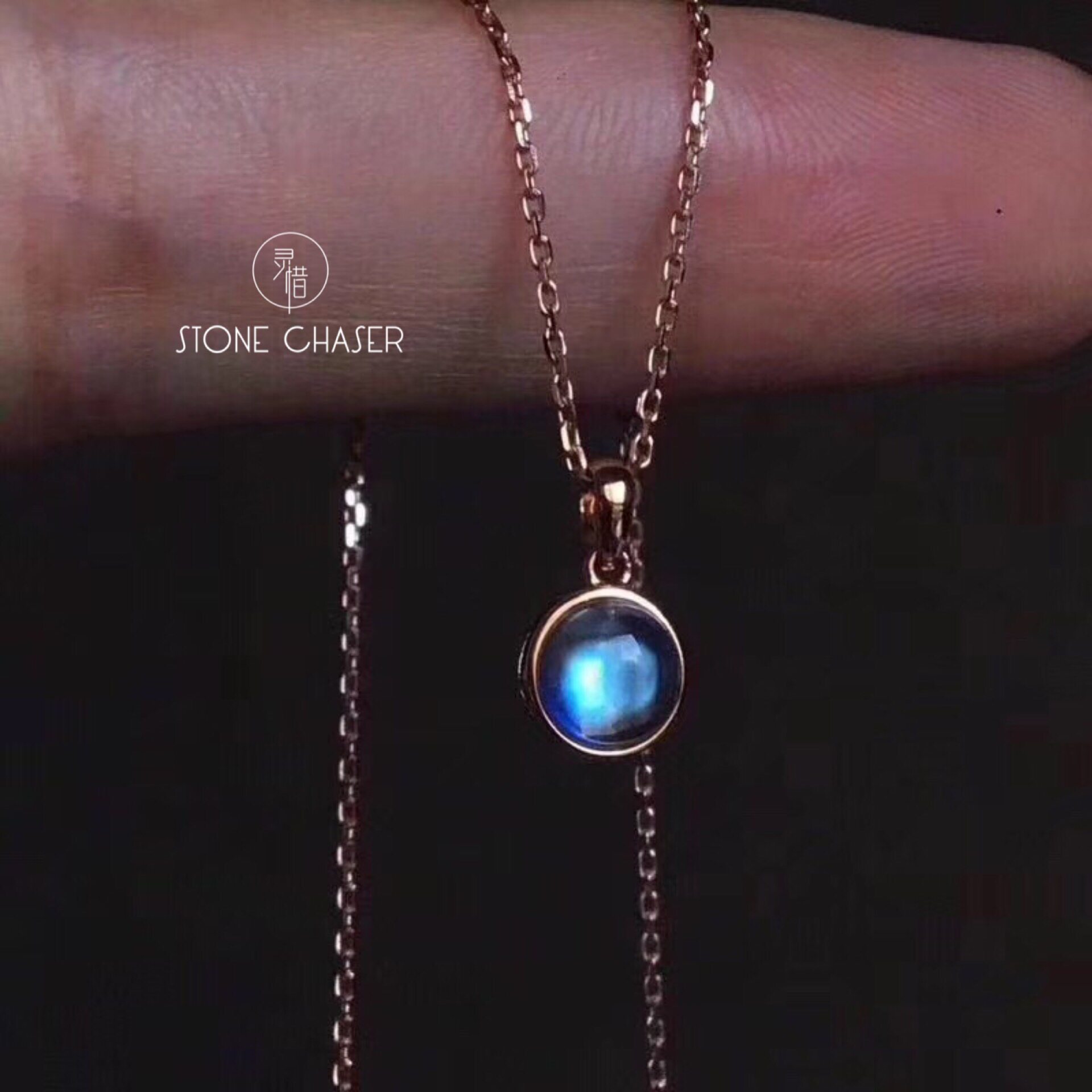 灵惜 天然月光石 18k金月光石锁骨链 蓝光净体月光石吊坠颈链