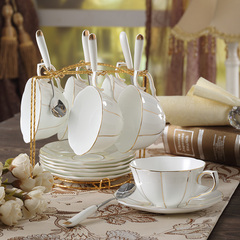 欧式简约金边骨瓷咖啡杯套装陶瓷下午茶杯具花茶杯送架子送勺子