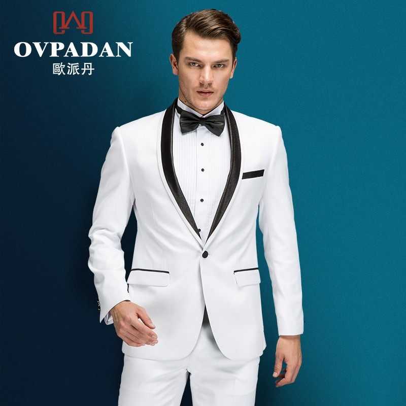 男士西装两件套婚礼新郎圆领白色礼服宴会酒会晚会主持人演员服装