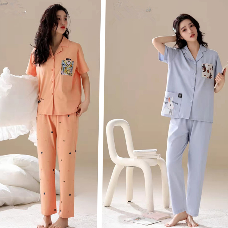 安得妮2022新款睡衣女夏季短袖长裤薄纯棉休闲开衫甜美休闲家居服