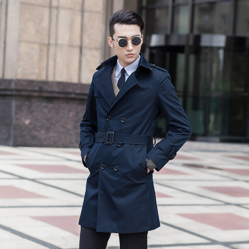 男外套冬商务休闲青年_长款男风衣青年修身翻领外套商务休闲双排扣