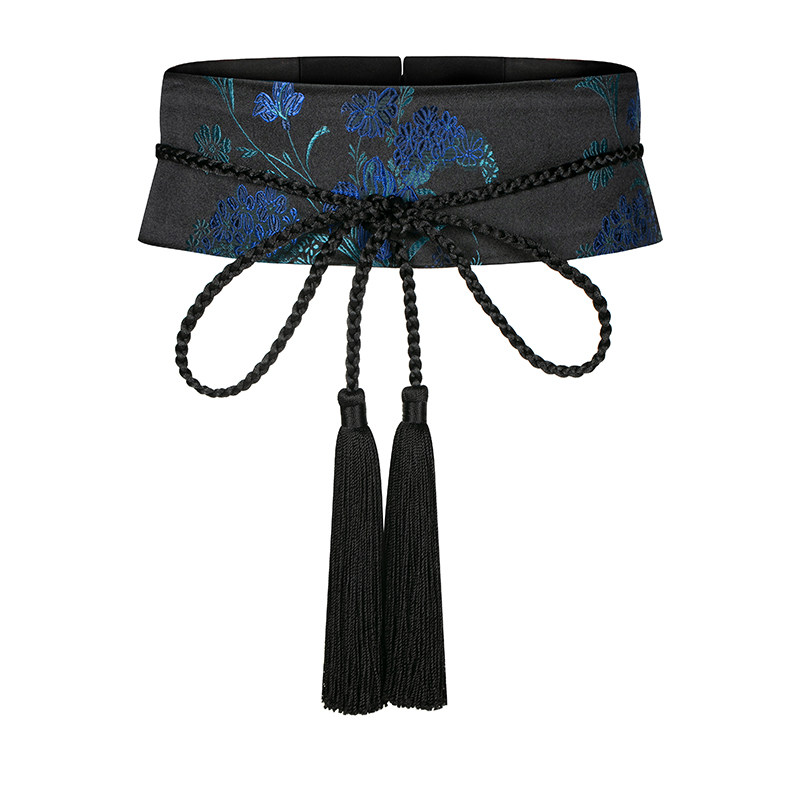 真丝织锦缎腰封手工流苏女蓝色牡丹绣花腰带配饰旗袍百搭品质腰封