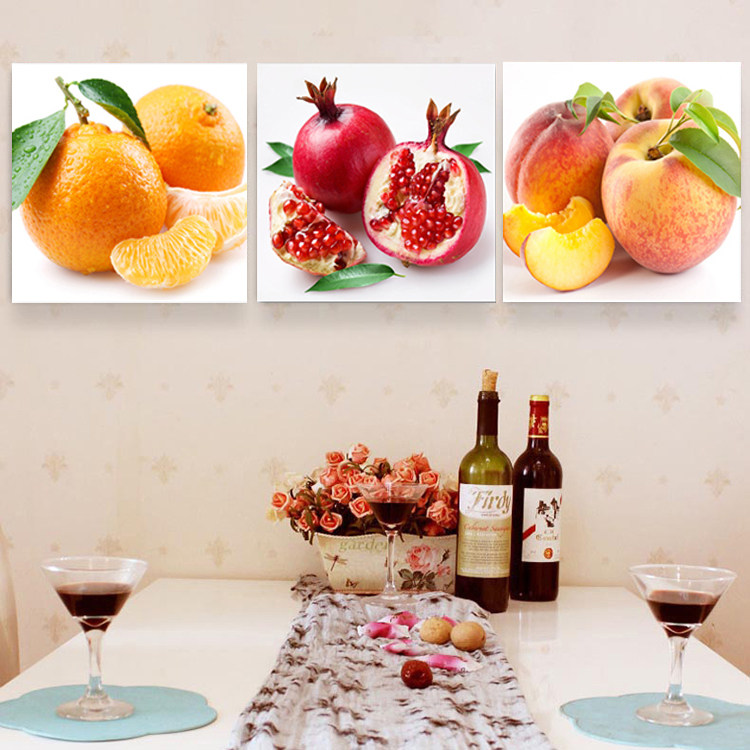 餐厅餐具装饰画现代简约饭厅挂画三联水果壁画清新无框画橙子石榴