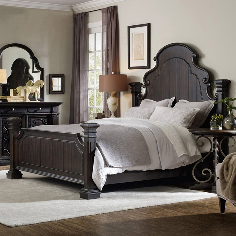 美式乡村全实木床复古做旧黑胡桃色雕花床法式新古典橡木床定制