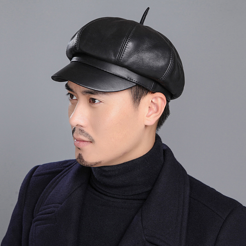 黑色羊皮八角帽男春秋新款中年老年复古画家帽可定制新品皮帽子潮