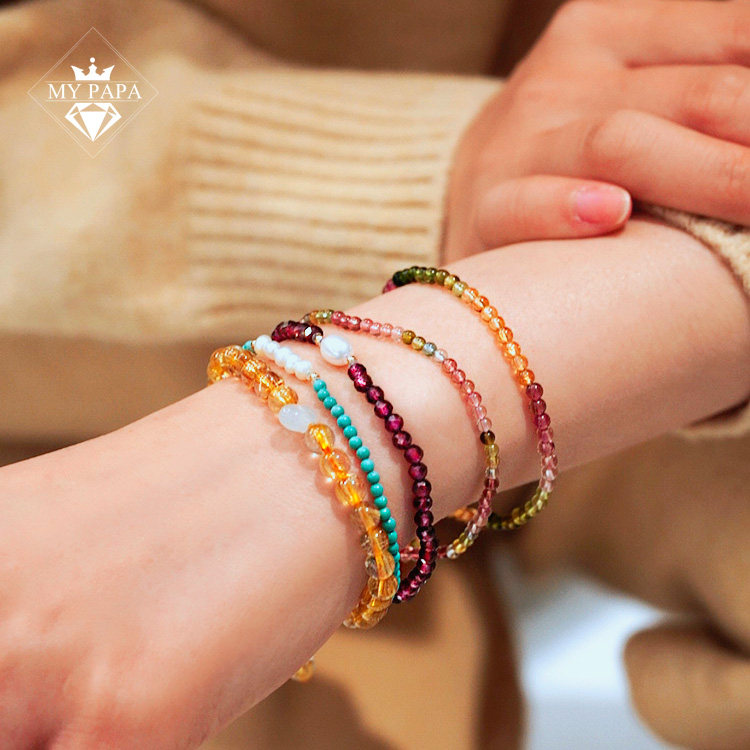 mypapa叠戴好伙伴天然迷你珠手链合集 碧玺钛晶石榴石绿松石手链p