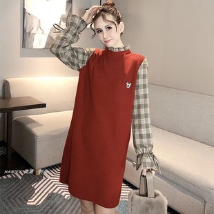 毛衫新女韩版修身喜庆拼接格时尚显瘦针织高领羊毛连衣裙小个