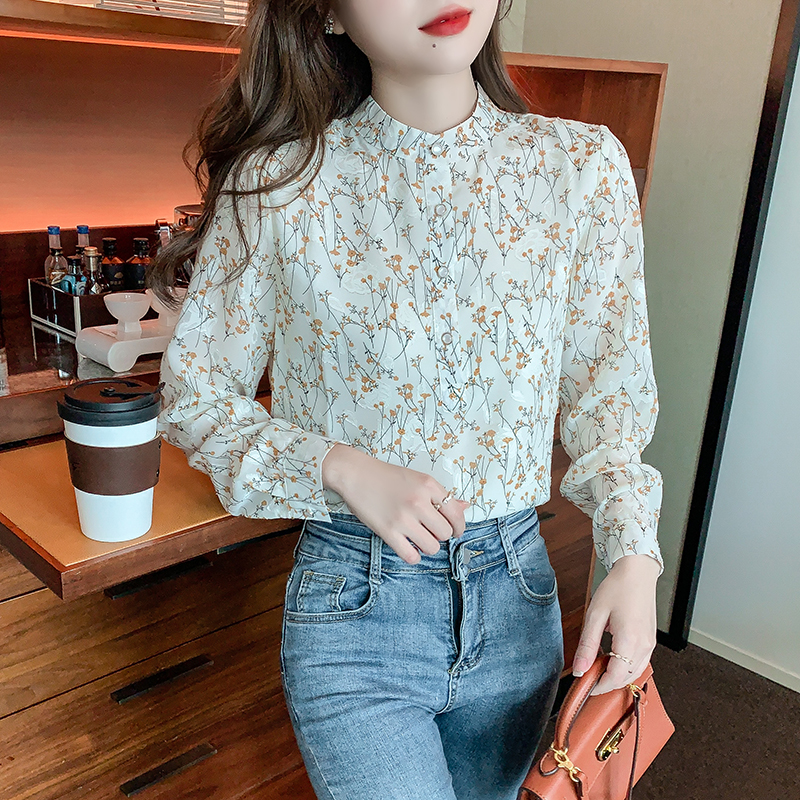 2022春秋新款韩版碎花长袖宽松雪纺衫女士时尚洋气上衣立领打底衫