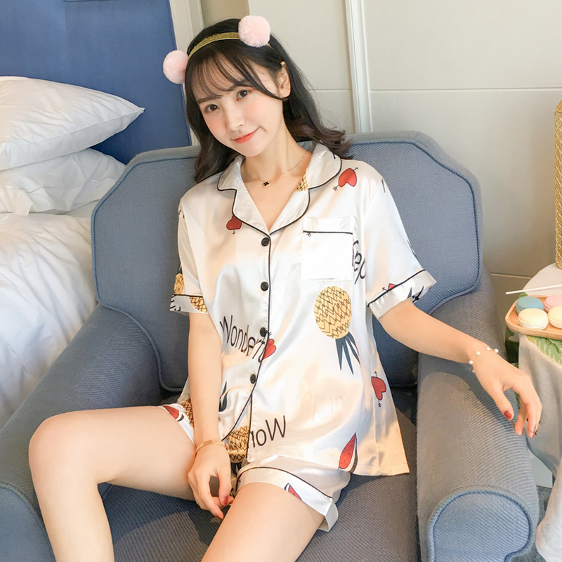睡衣女夏冰丝性感薄款春秋短袖两件套可爱学生丝绸夏季家居服套装