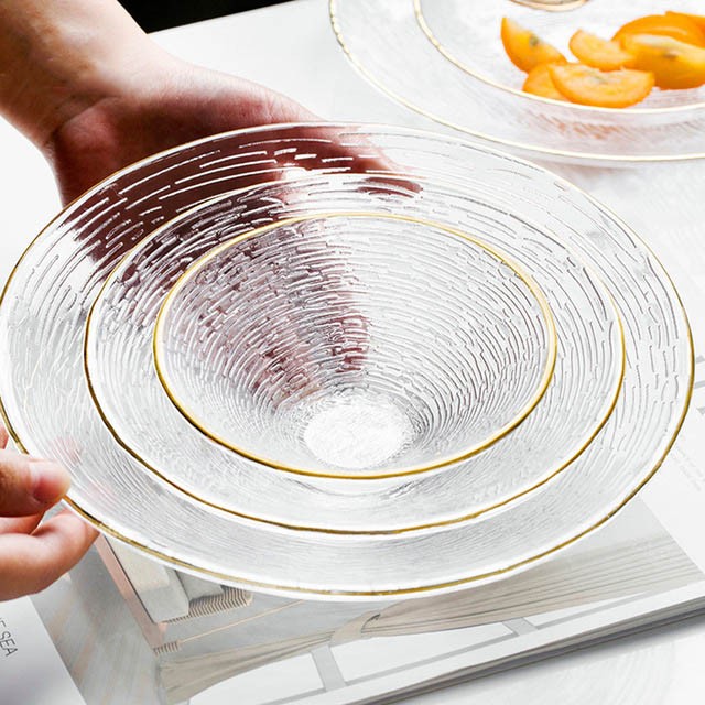 ins轻奢精致玻璃盘子透明餐具横纹金边沙拉碗 盘子水果碟家用碗盘