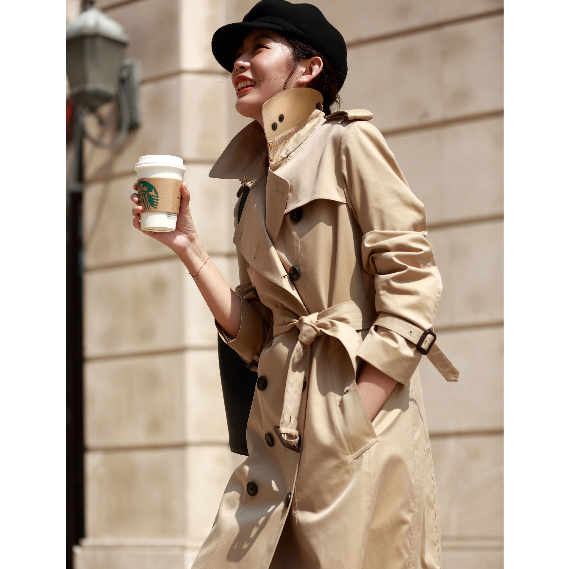 2022秋款重工中长款风衣女双排扣腰带英伦风藏青色防水防污棉外套