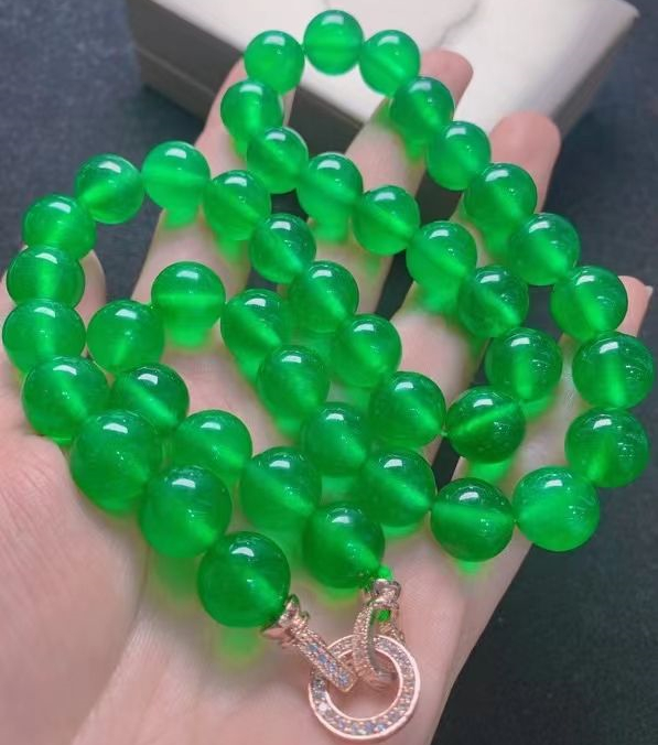 天然翡翠帝王绿高冰圆珠项链料子水润通透12mm珠子锁骨链女士项链