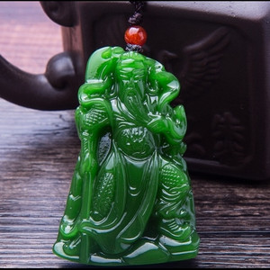 天然新疆和田碧玉武财神关公菠菜绿碧玉关云长玉石项链吊坠平安牌