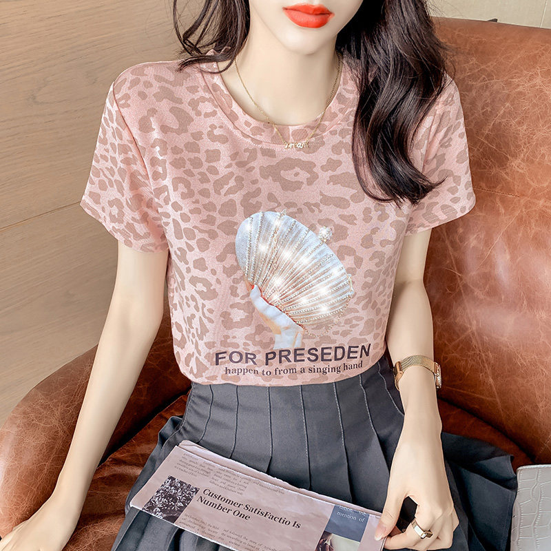 钉珠豹纹印花重工冰丝针织短袖T恤女2021夏季新款设计感小众上衣