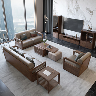 胡桃木全实木沙发现代简约轻奢新中式客厅家具123位储物木头沙发