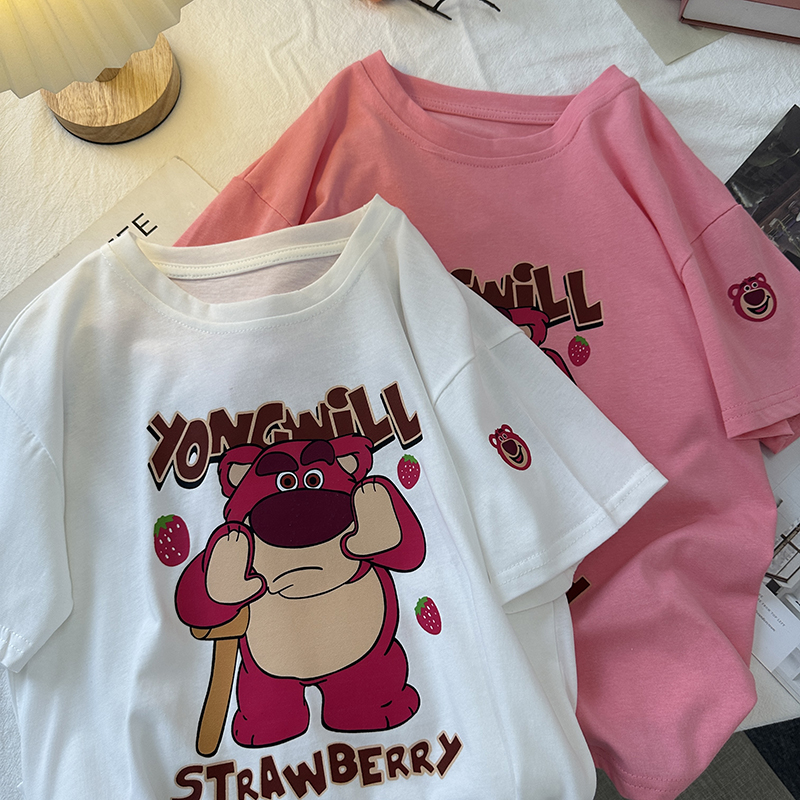 女童短袖T恤2023夏季新款中大儿童韩版可爱宽松卡通小熊夏装上衣