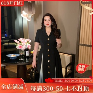 GLEC大码女装2024年新款重工设计赫本风高级感拼接黑色西装连衣裙