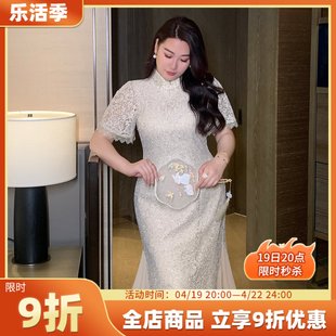 GLEC高端胖mm大码女装2024年新款改良复古国风鱼尾旗袍蕾丝连衣裙