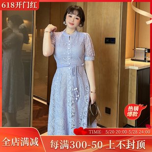 GLEC大码女装2024年新款高级感法式复古紫罗兰蕾丝连衣裙收腰显瘦