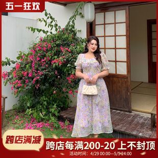 GLEC大码女装2024夏季新款法式气质优雅泡泡袖方领开衩碎花连衣裙