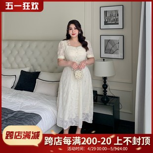 GLEC大码女装2024夏季新款法式轻奢复古高级感珍珠蕾丝礼服连衣裙