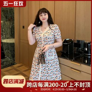 GLEC大码女装2024年新款高级感气质V领碎花遮肚子连衣裙梨形身材