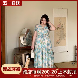 GLEC大码女装2024夏季新款法式温柔风设计感复古碎花泡泡袖连衣裙